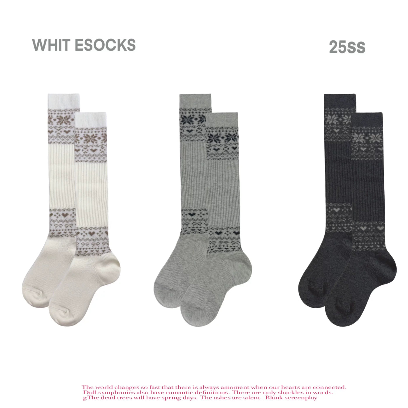 White Socks - Nordic Gray - Mid-Calf Slouch Socks with Fair Isle-Style Bands
