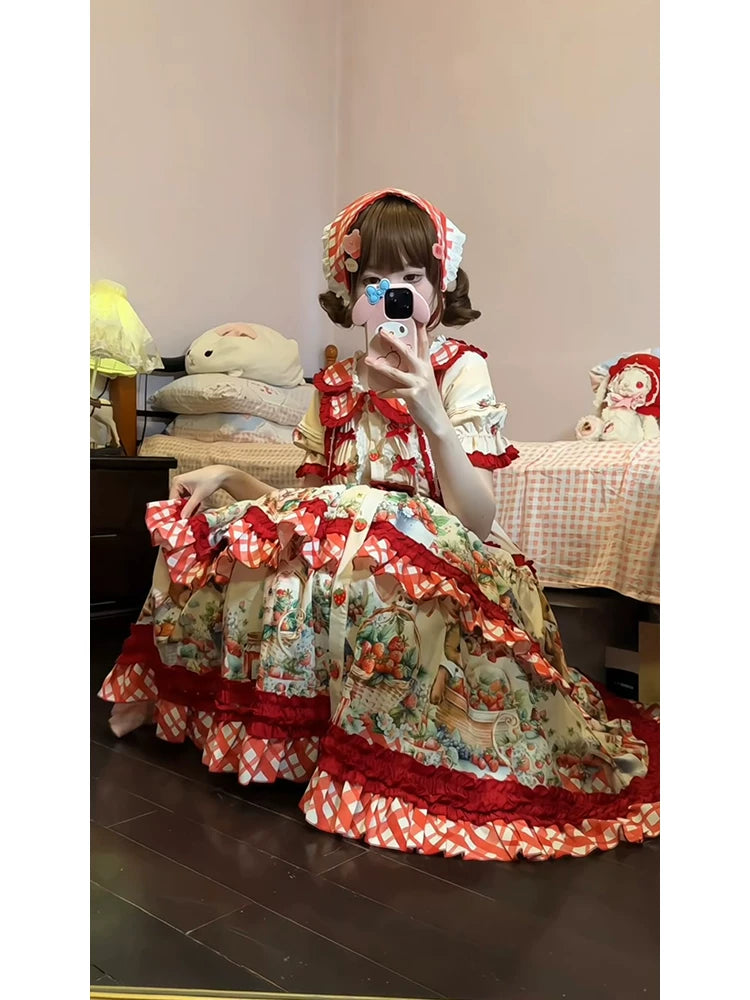 Dream Bunny - December Strawberry Field - Strawberry-Print One-Piece Dress with Red Gingham Ruffles