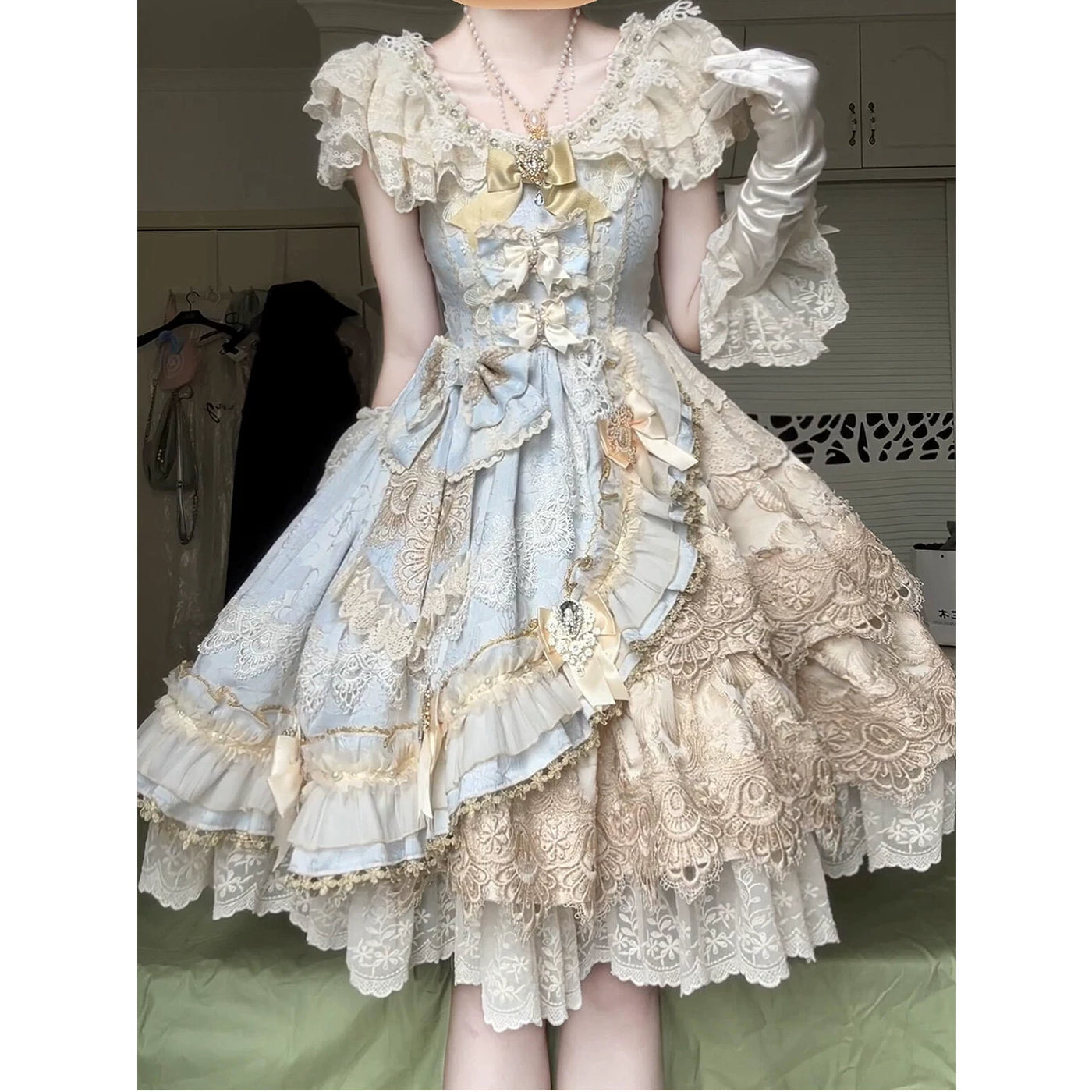 Creamy - Eternal Princess - Pale Blue and Ivory Full Lolita Dress Set with Layered Lace