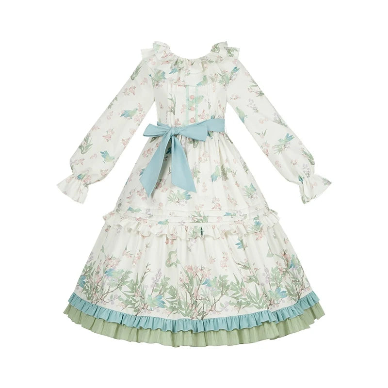 With PUJI - Oriole Time - Country Lolita JSK and OP Dress, Floral and Bird Print OP + Waist tie S