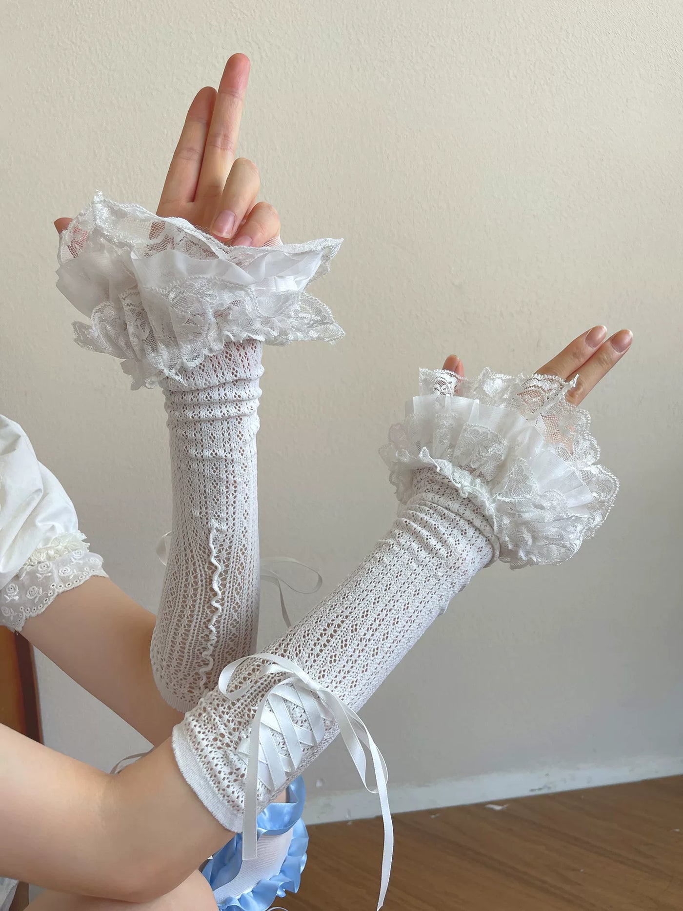 Sock Noble - Ballet Ribbon Lace - Arm Sleeves with Layered Ruffles and Ribbon Ties