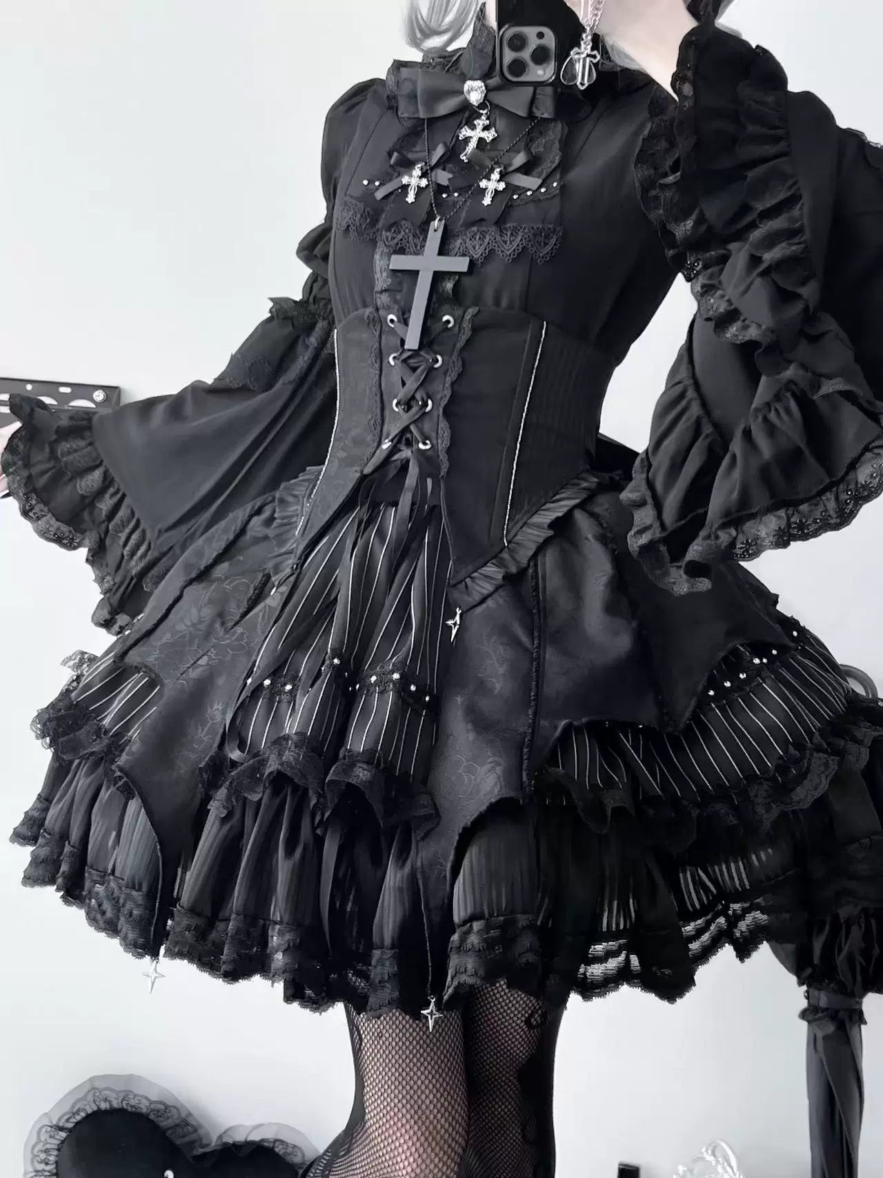 Twilight Song - Trace Bone - Black Gothic Lolita SK & Waist Cincher