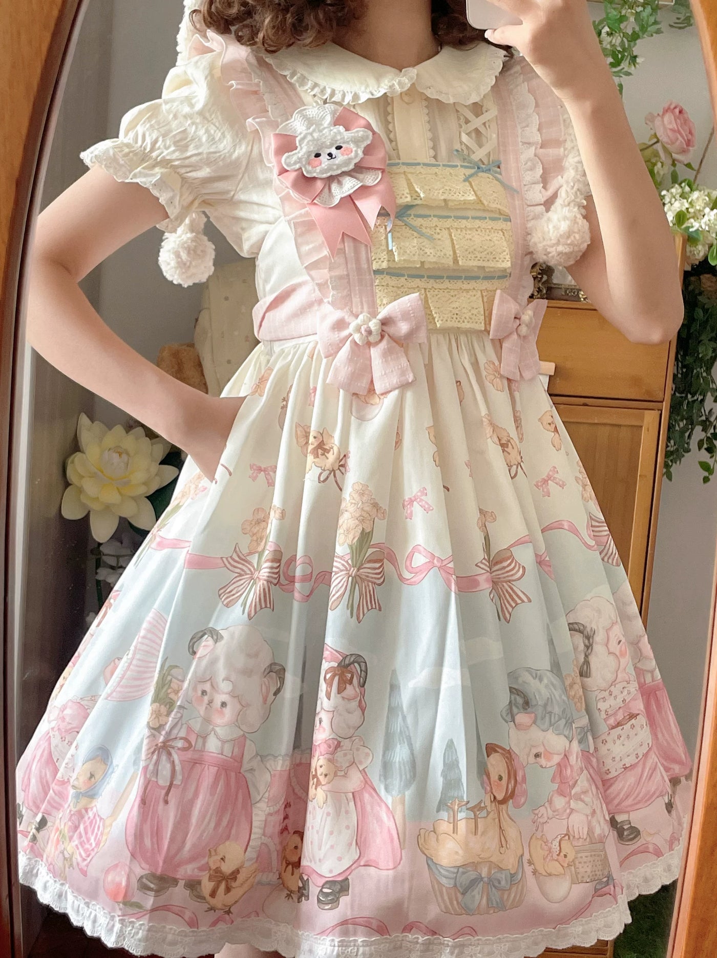 Cat Upon Cat - Sheep Waltz - Printed JSK with a Lace-Trimmed Hem