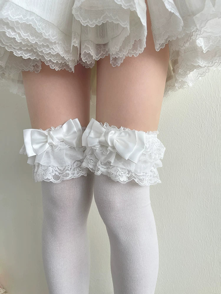 Sock Noble - French Lace Bow - White or Black Lace Socks with Three-Layer Trim