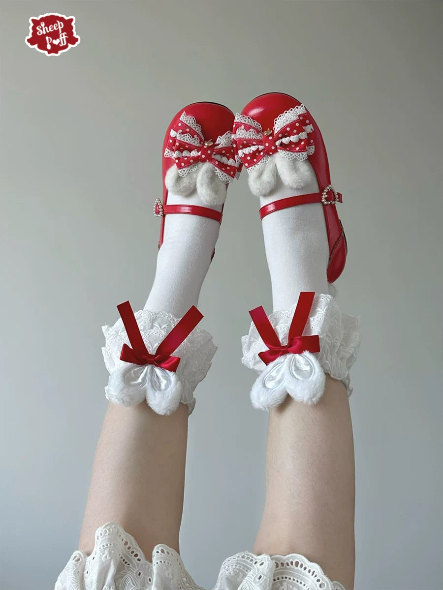 Sheep Puff polka dot bunny low heel shoes for women featuring a cute bunny design and comfortable Lolita style footwear.