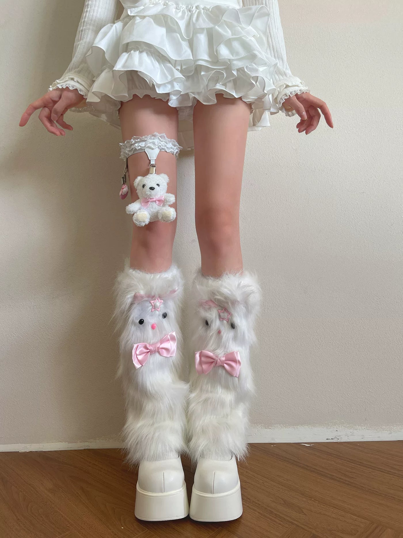Sock Noble - Winter Strawberry Bear - Furry Sock Covers with Pink Bow Details