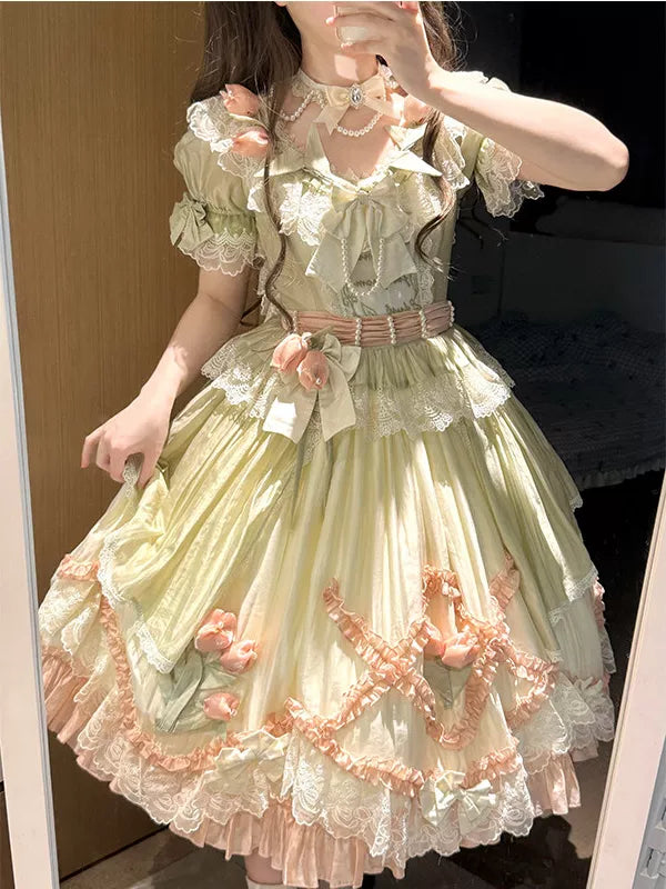 Creamy - Green & Pink Floral - One-Piece Dress with Layered Lace and Bow Trims