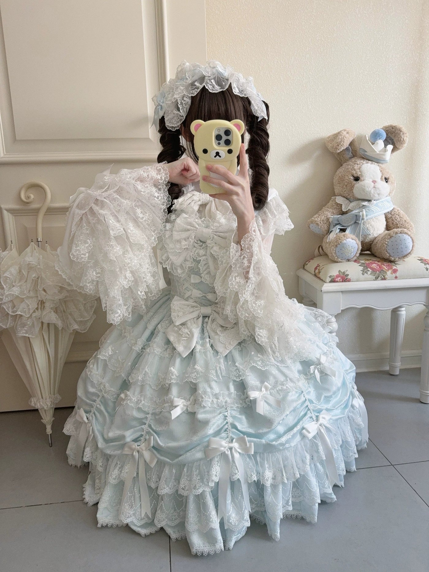 Satin Gift Box - Sweet Lolita JSK Dress, Bows and Layered Lace Blue JSK Only S