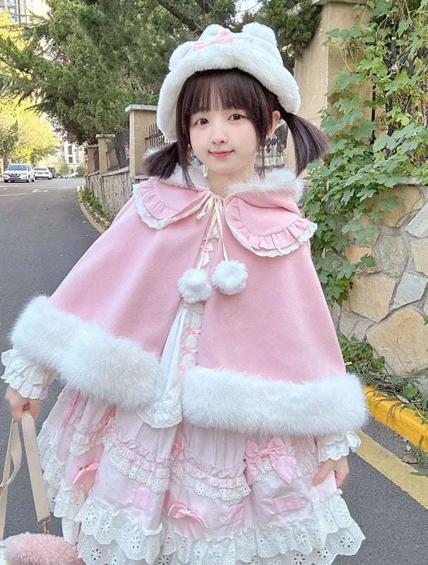 Jelly Girl - Winter Bunny - Plush Hooded Cape with Pom-Pom Ties