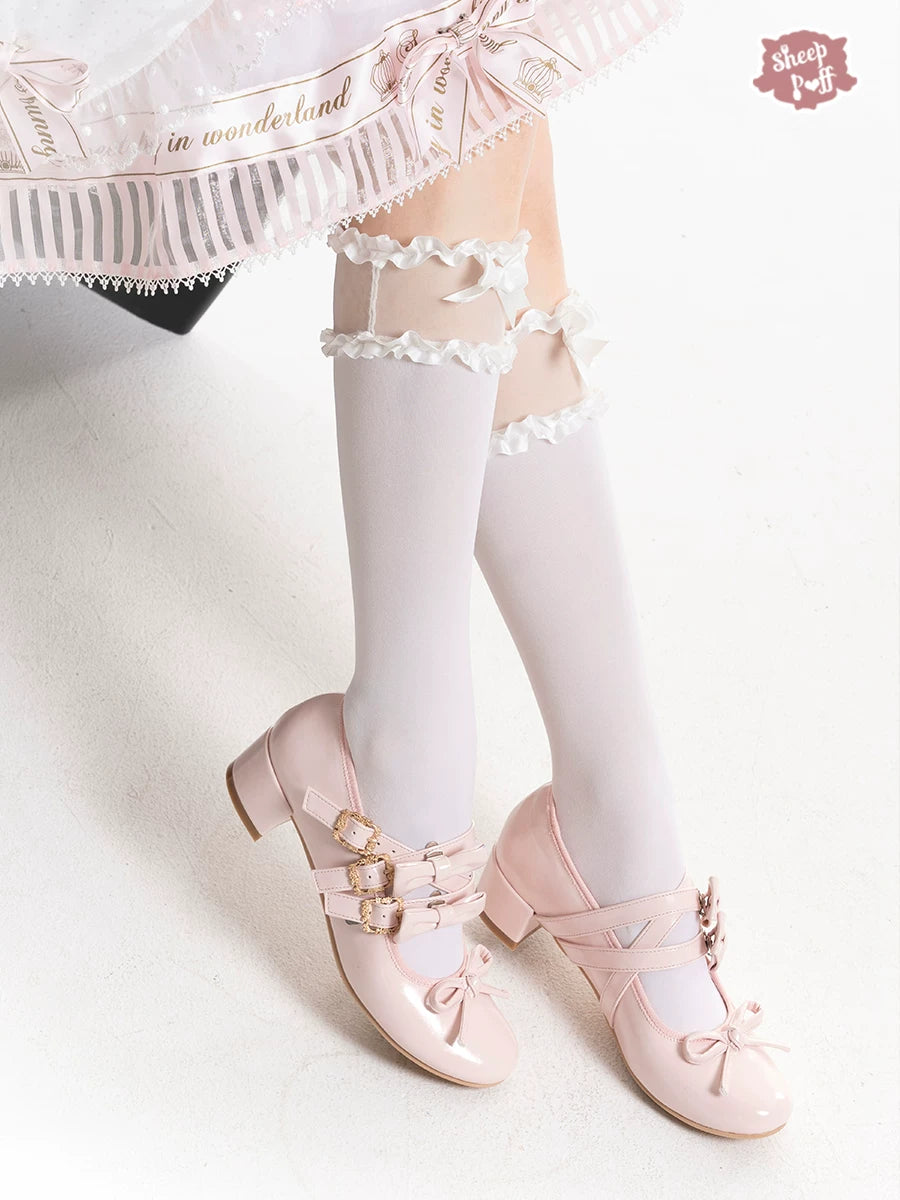 Sheep Puff Elena Bow Mid Heel Lolita Shoes featuring a cute bow and elegant design in soft pastel colors.