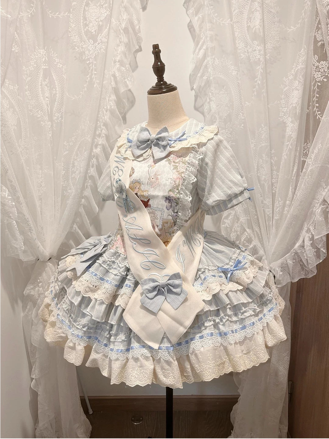 Creamy - Water-blue Doll Lolita - OP dress with sash, chest panel, and train