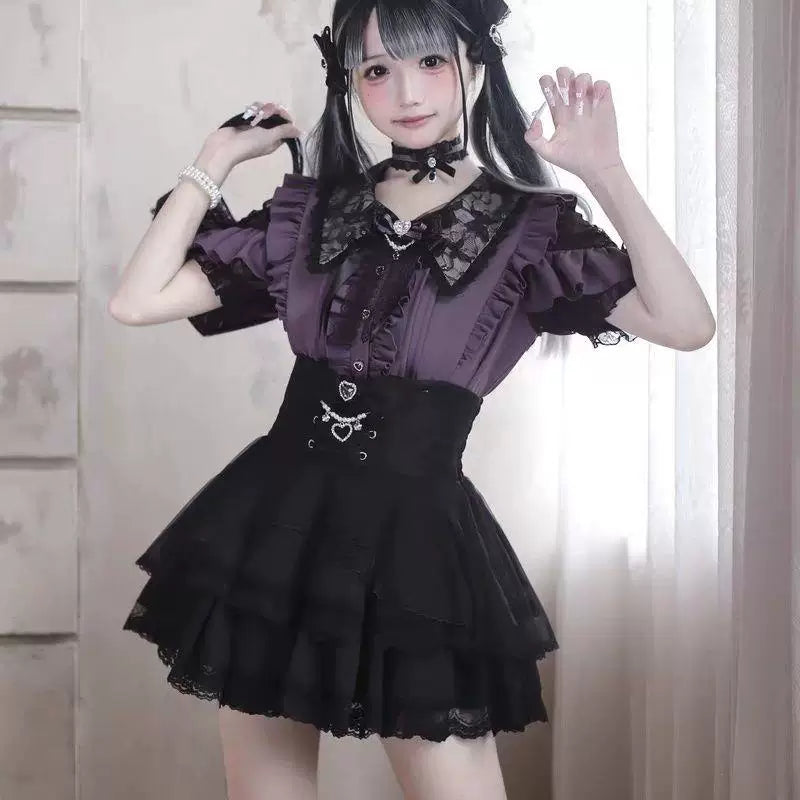 Purple Lolita blouse with a black ruffle collar, puff sleeves, and heart buttons.