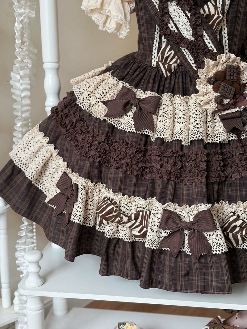 Eye Of White Crow - Chocolate Plaid - Kawaii Lolita JSK dress with layered ruffles - product detail 6