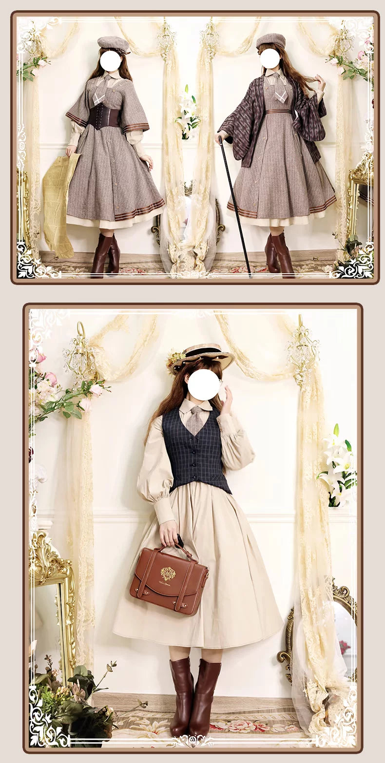 Baozi Pig - Detective Era - One-Piece Dress and Woolen Coat Set with Pinstripes