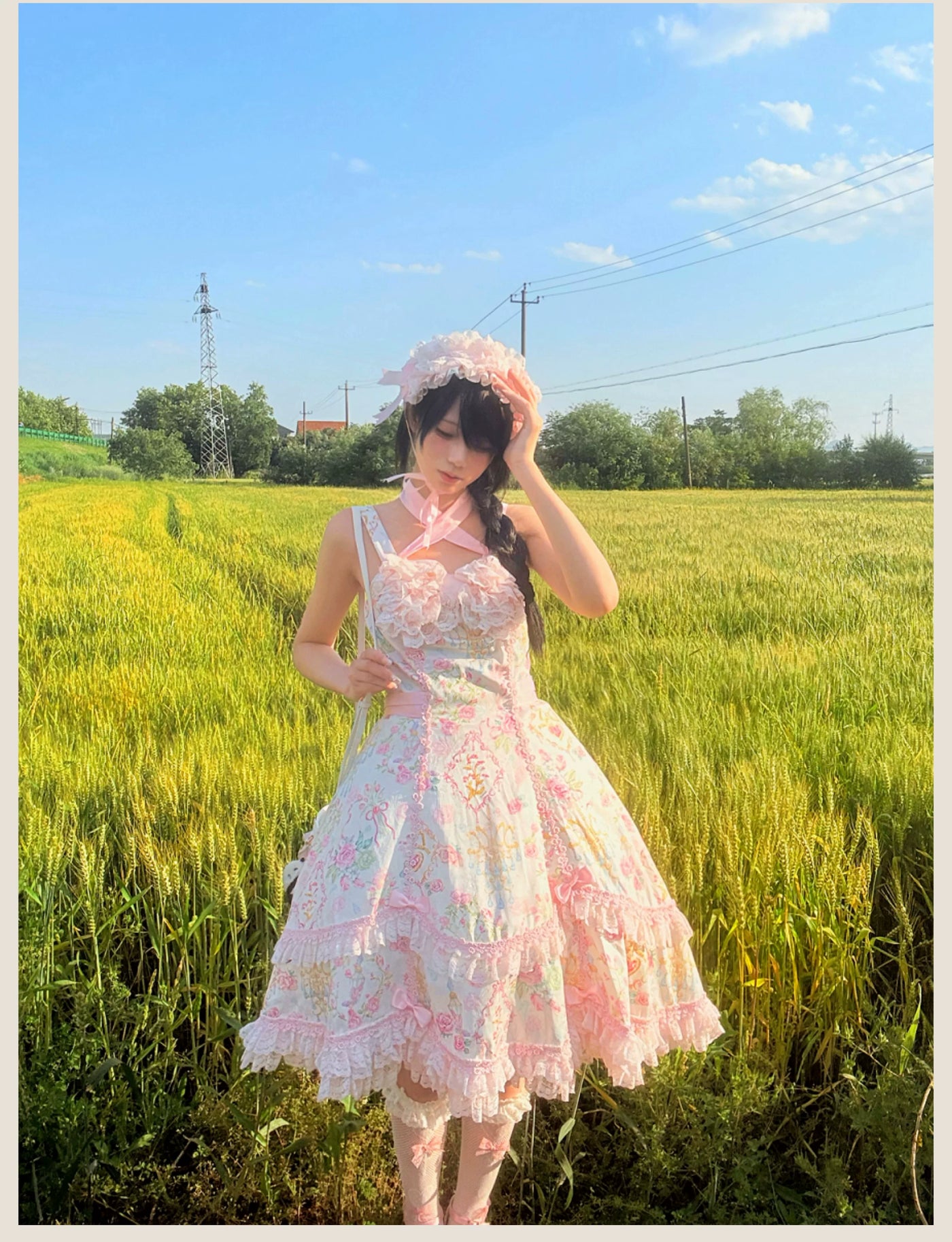 Tata Long Ear - Spring 2025 Floral Wall - Floral Print JSK Dress with Layered Lace Ruffles