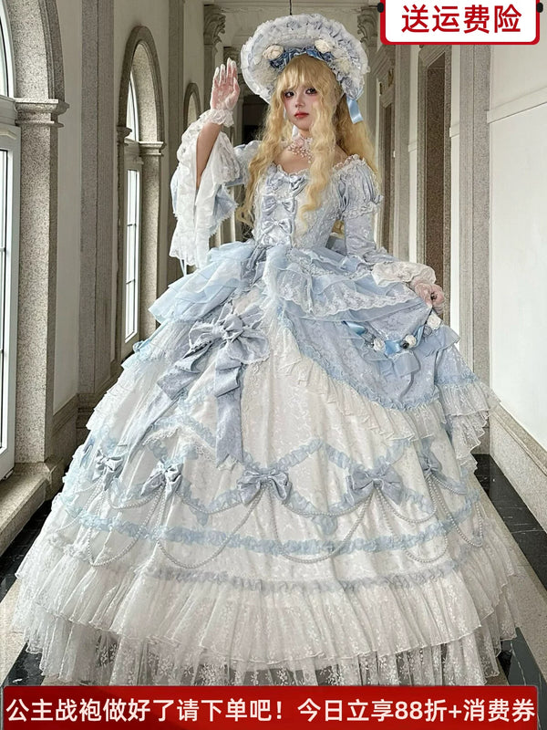 Emoji Dream blue Rococo Lolita long ball gown, front view
