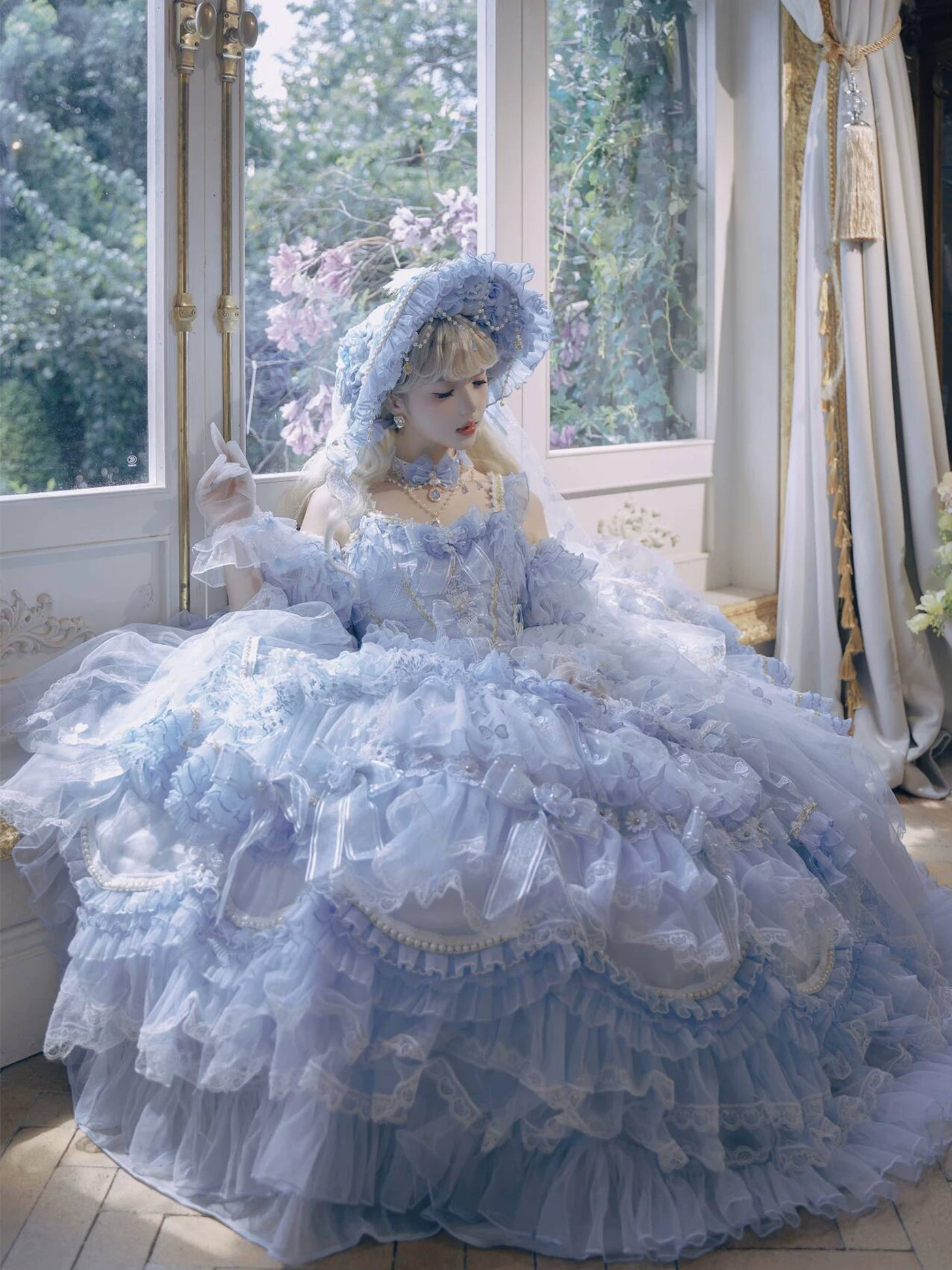 Detail of corset-style bodice with pearl and bead trim on the lolita JSK