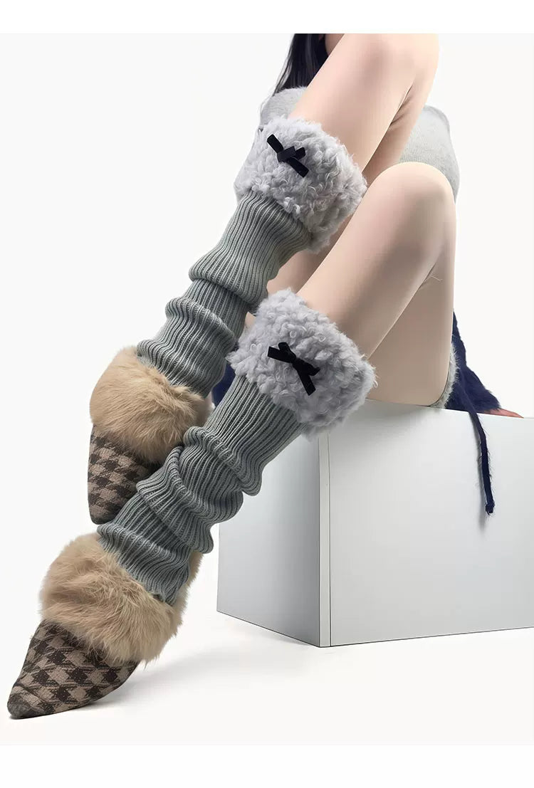 White Socks - Fleece Bow - Stirrup Knit Leg Warmers with Fleece Cuffs