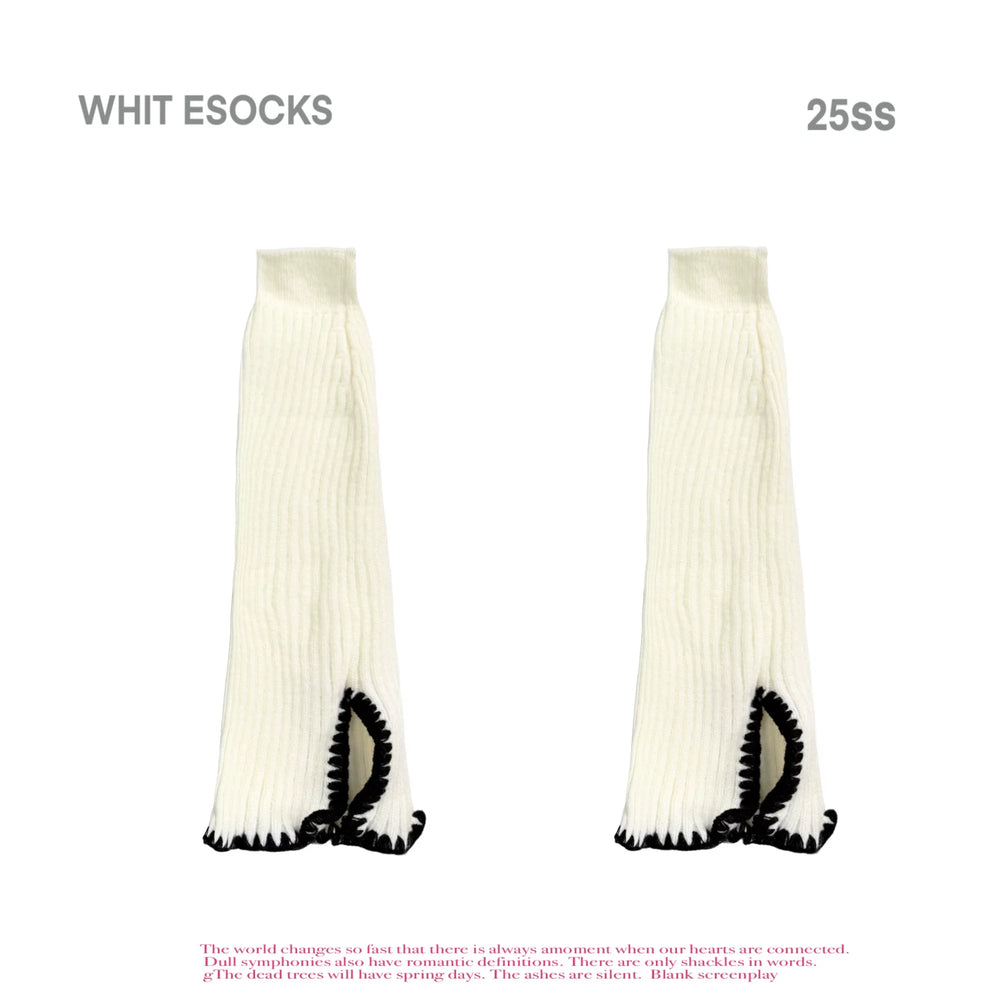 White ribbed knit calf socks with split lace trim, shown as a pair