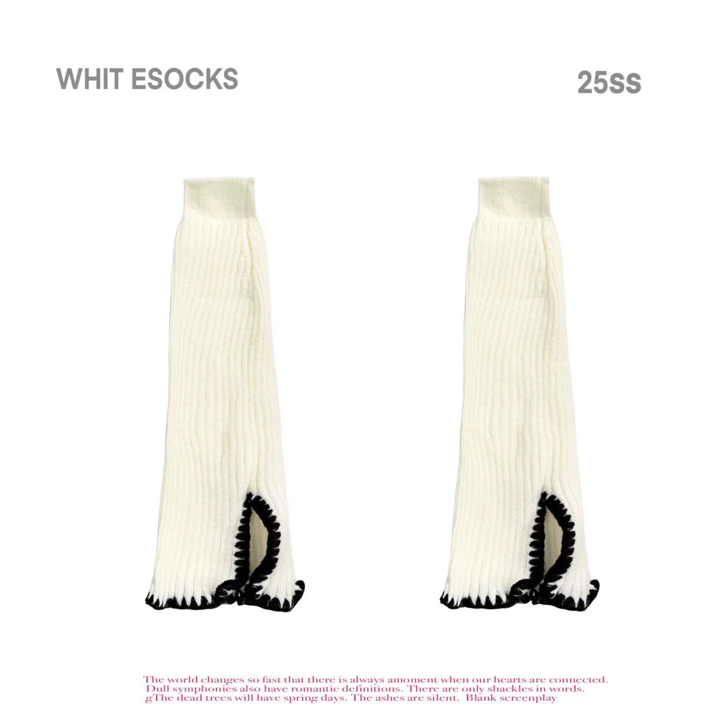 White ribbed knit calf socks with split lace trim, shown as a pair