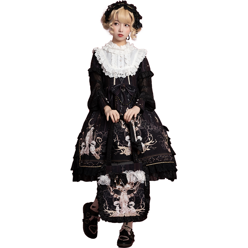 Elegant Lolita Fetch leopard cat OP dress with long sleeves, featuring a cute, stylish design perfect for daily wear.