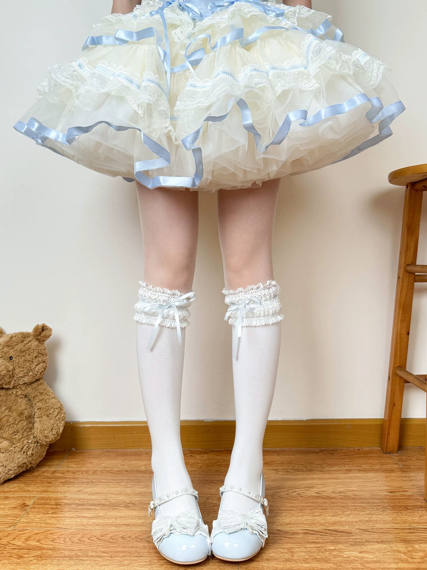 Chubby Bear Tales - Cream Ballet Ribbon - Socks with lace cuffs and tie ribbons