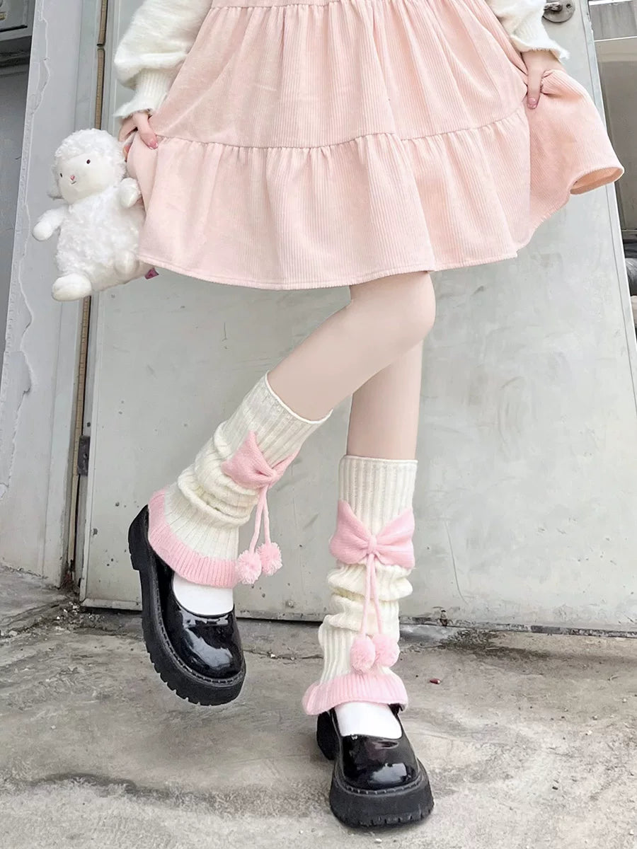 Floral Milk Cat - Bow Pom-Pom - Calf-Length Knit Slouch Socks with Lettuce Edges