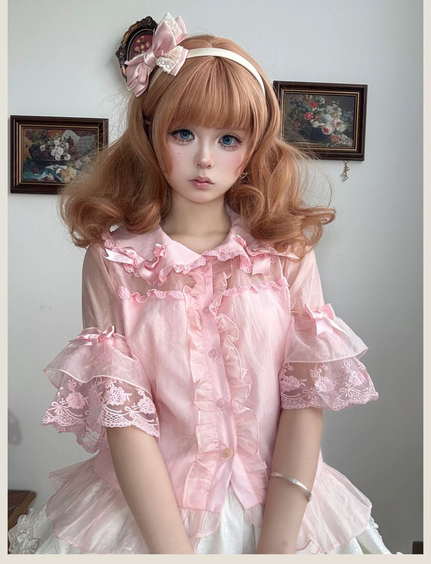 Tata Long Ear - Vintage Floral Wall - Pink chiffon blouse with a doll collar