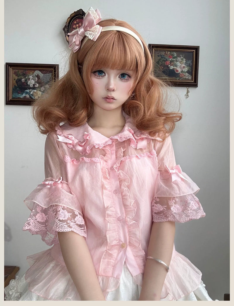 Tata Long Ear - Vintage Floral Wall - Pink chiffon blouse with a doll collar