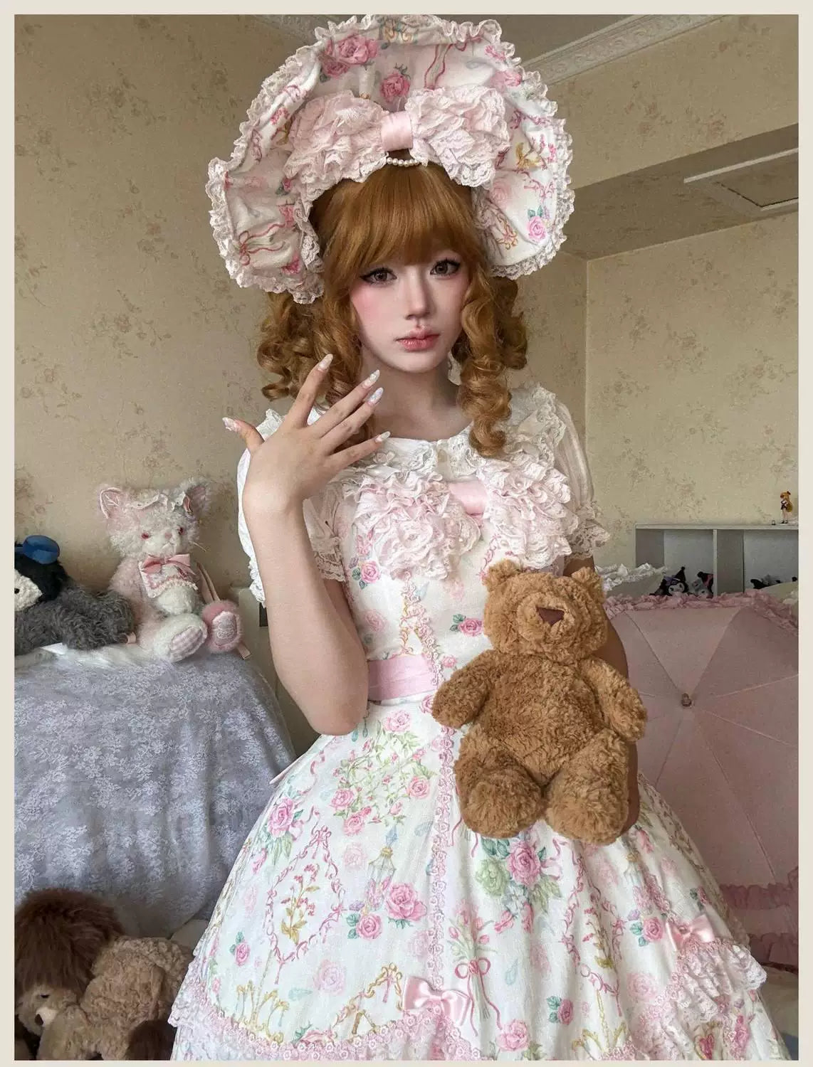 Sweetheart Dream Machine - Vintage Floral Wall - Ruffle-Trimmed Blouse with Doll Collar