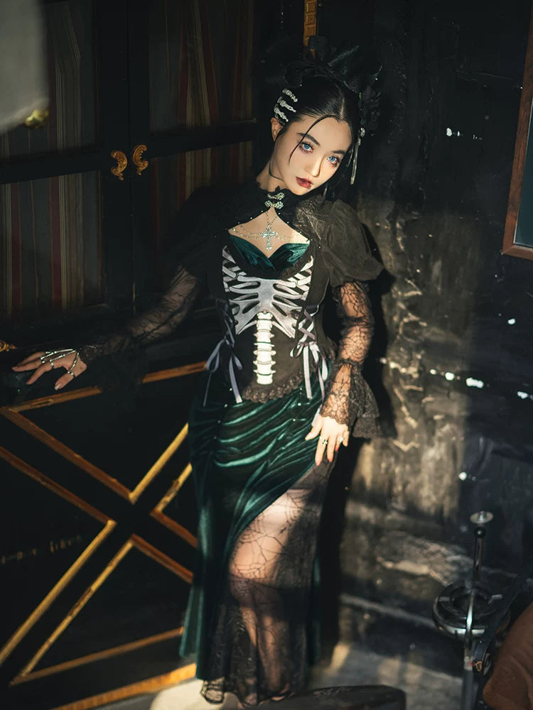 Baozi Pig - Deep Abyss Nightmare - Dark-Green One-Piece Qipao Dress with a Fishtail Hem