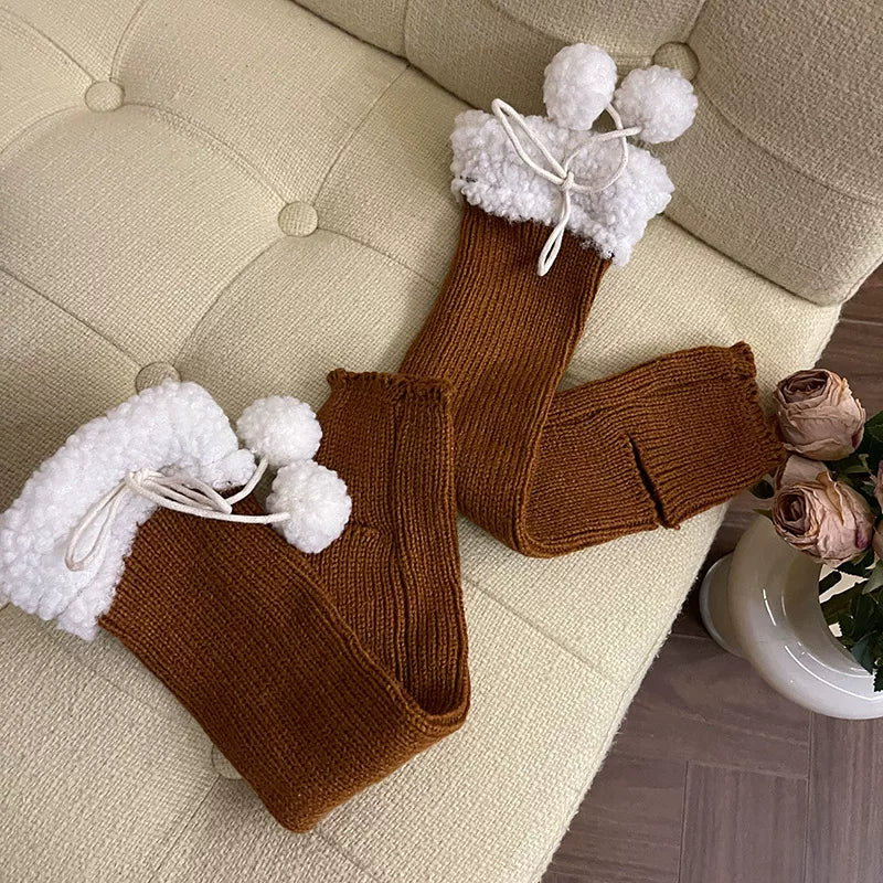 Sock Noble - Winter Pom-Pom - Knit Leg Warmers with Lace and Fluffy Foldover Trim