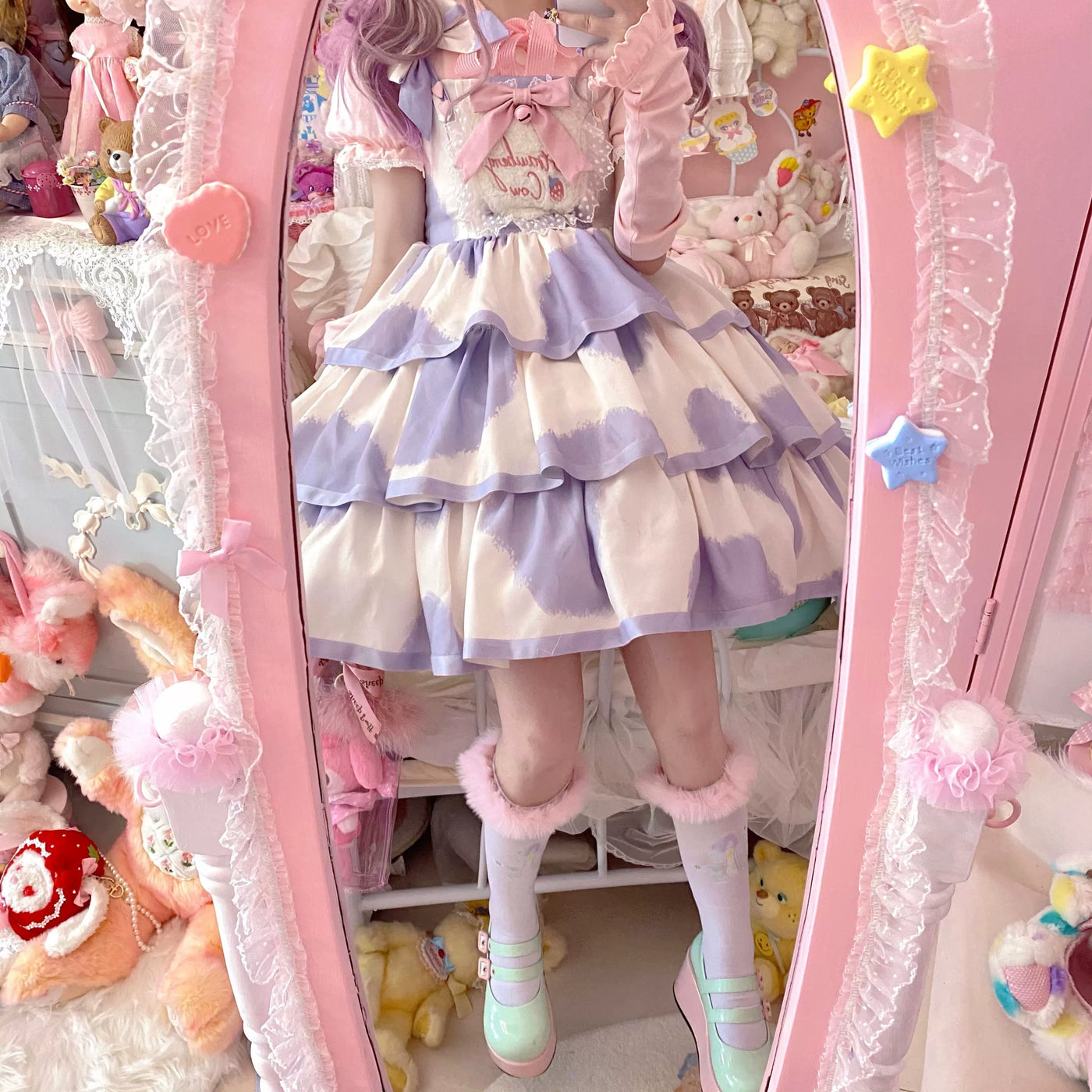 Tata Long Ear - Milk Cake Cow Print - Cow-Print JSK Dress with Three-Section Skirt