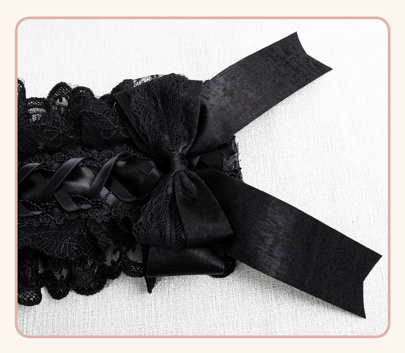 Stardust Rose - A035 Black Lace - Black Lace Headwear and Hand Sleeves with Ribbon Bows