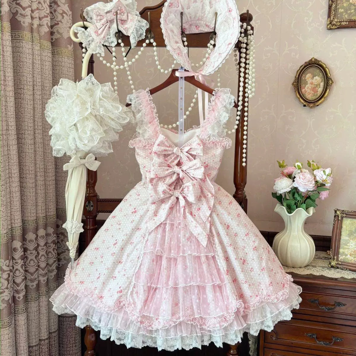 Sweetheart Dream Machine - Spring Shattered Lace Pink - Lolita skirt set with tiered lace and bows