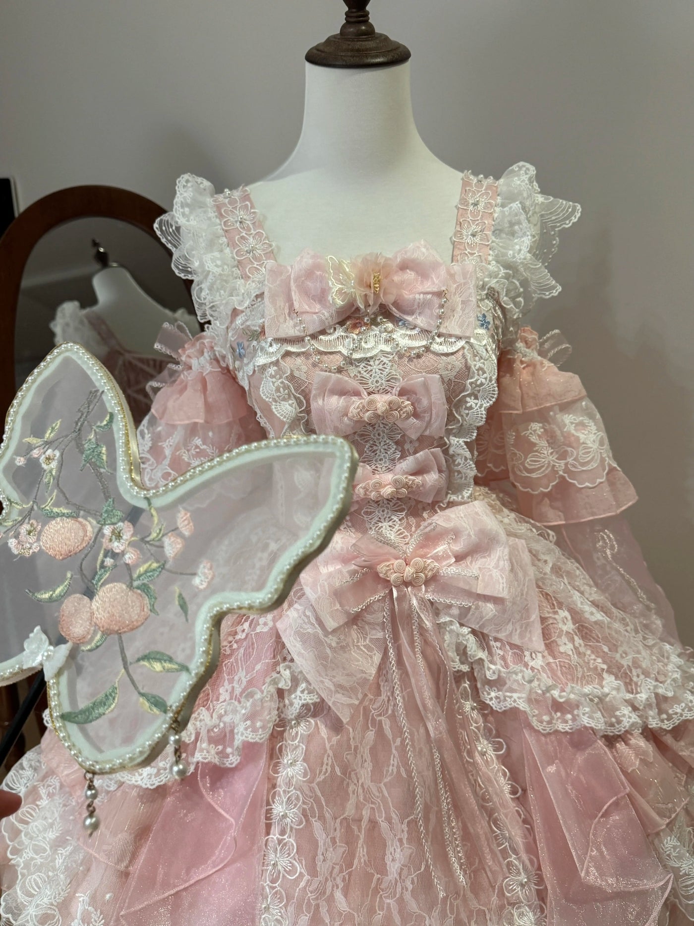 Creamy - Pink Chinese-Inspired - Pink JSK Suspender Dress with Lace Bows