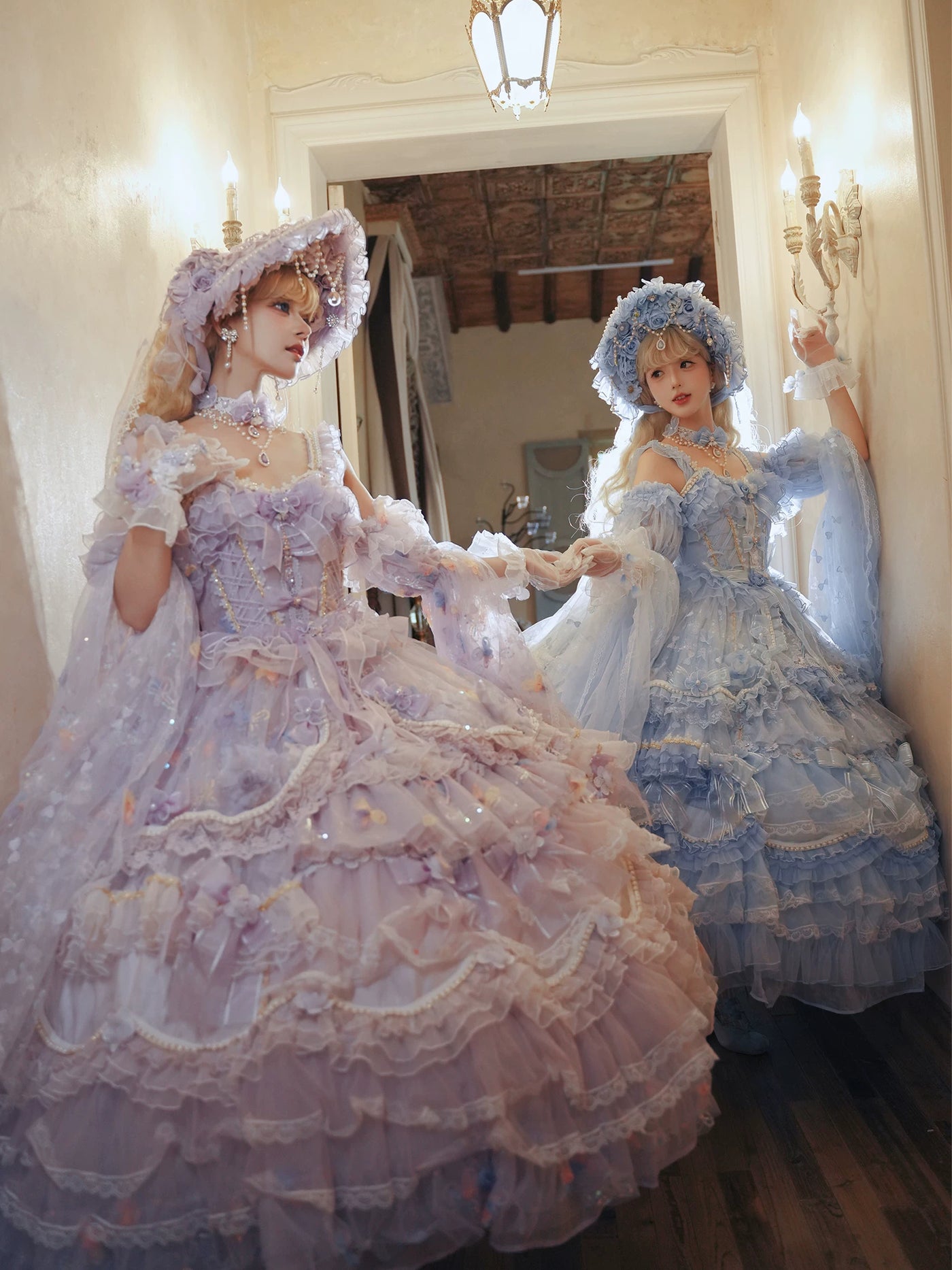 Lilac lolita JSK with tiered tulle skirt and lace ruffles