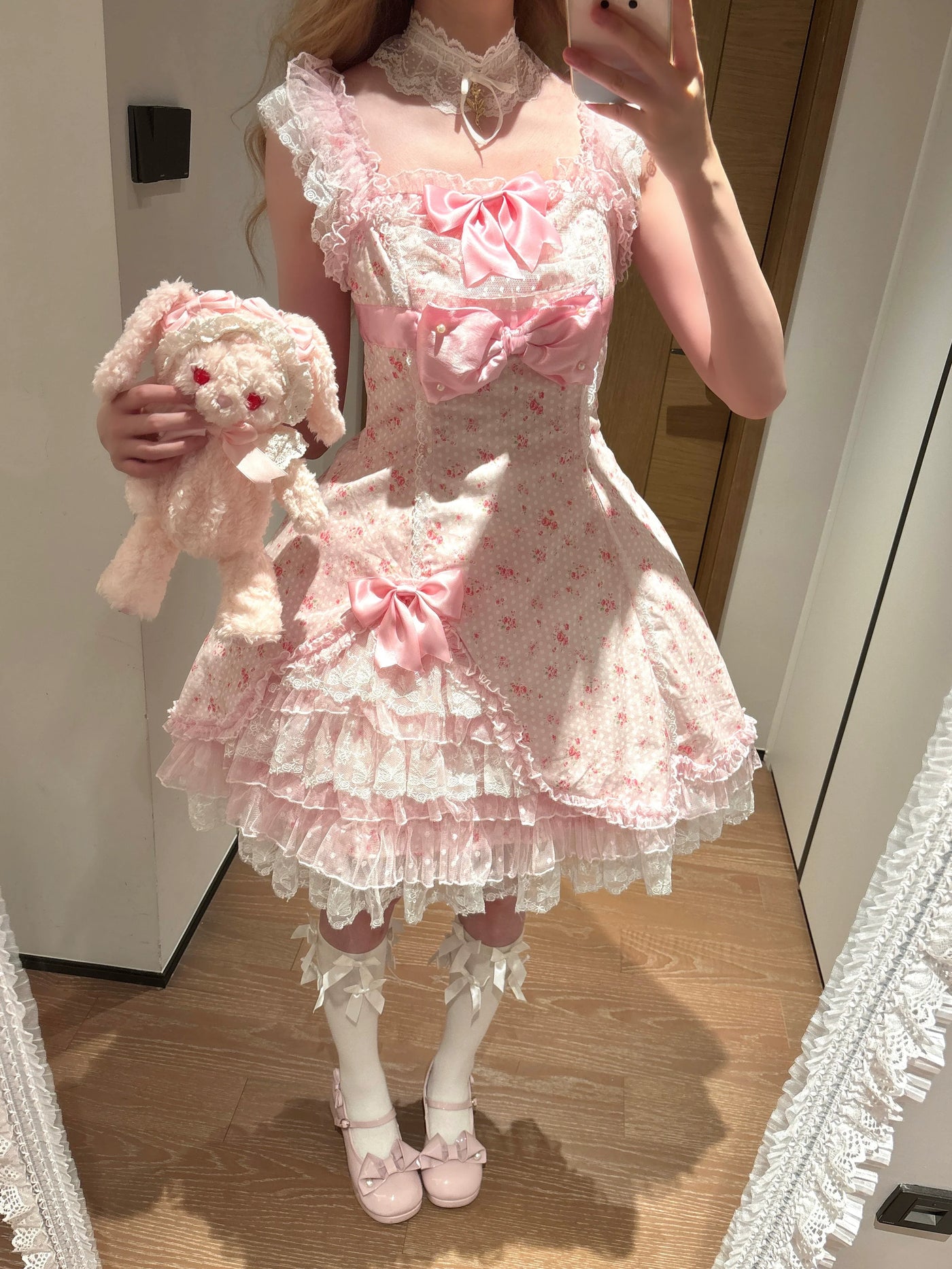 Strawberry Sweetie Bear - Spring Bud - Old School Lolita Floral Print JSK Dress, Layered Skirt