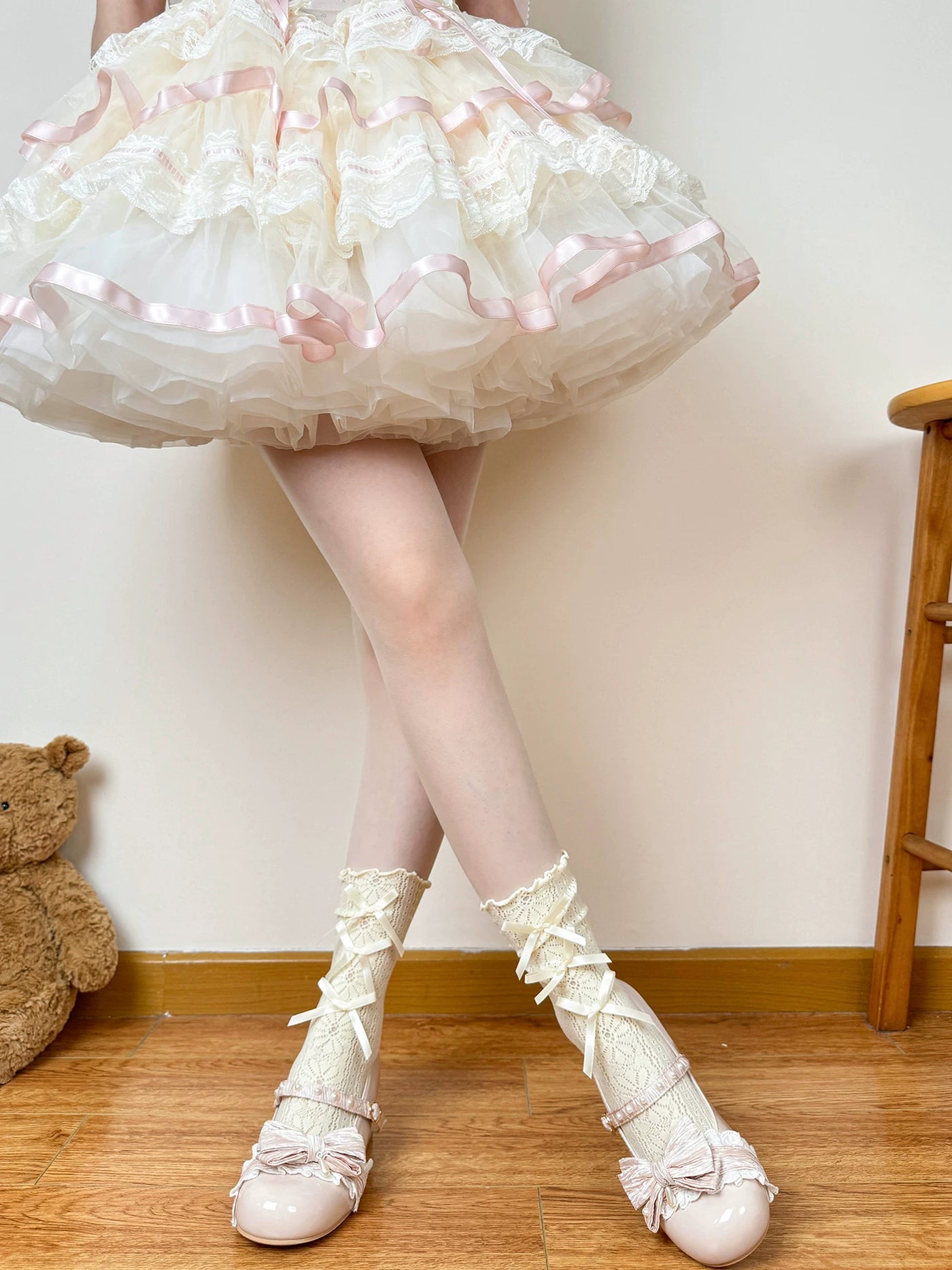 Chubby Bear Tales - Soft Ribbon Lace - Openwork Lace Socks with Ribbon Trim