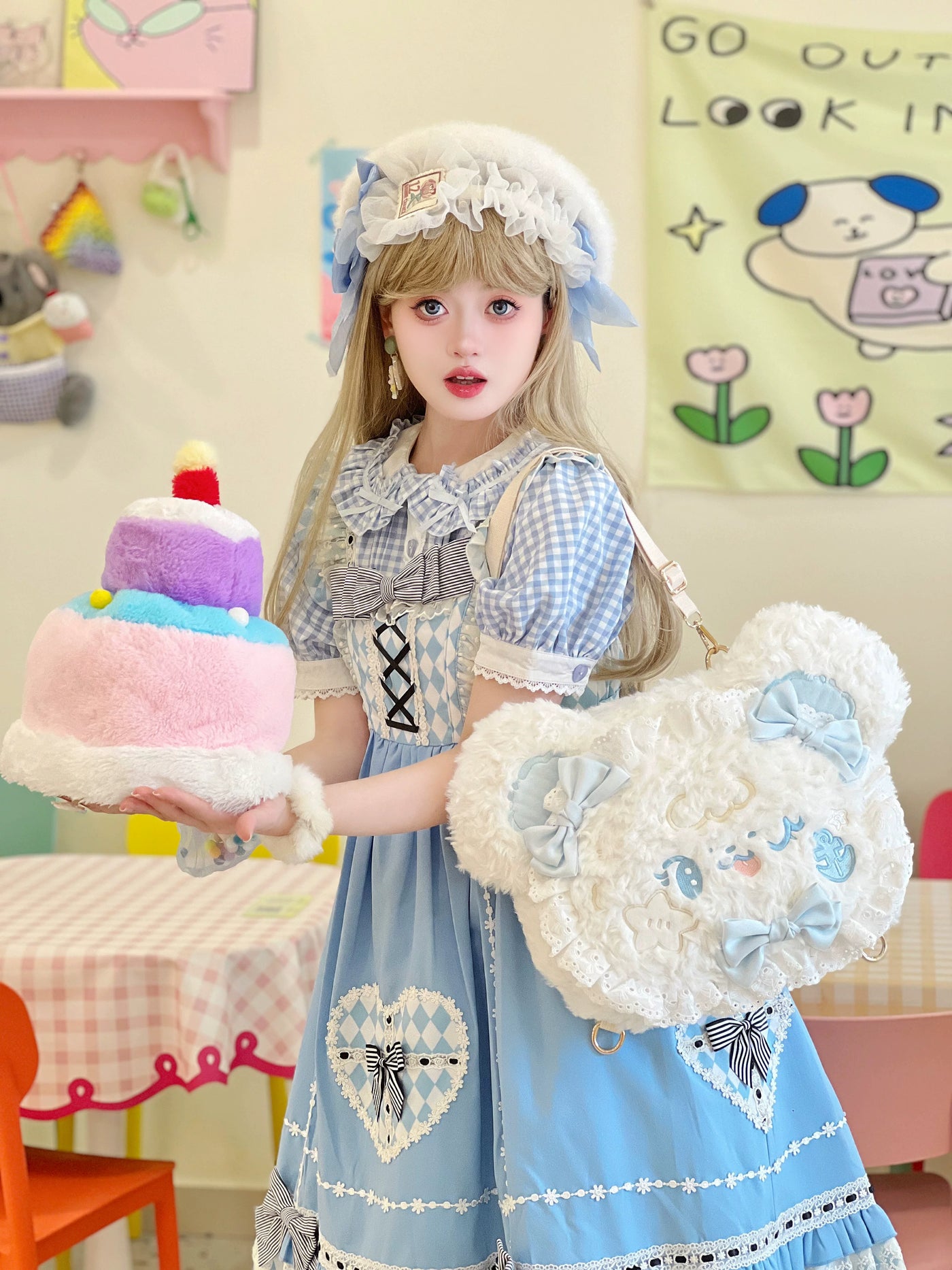 Molly Puppy - Bow Bear - Plush Bear Backpack with Pale-Blue Bows