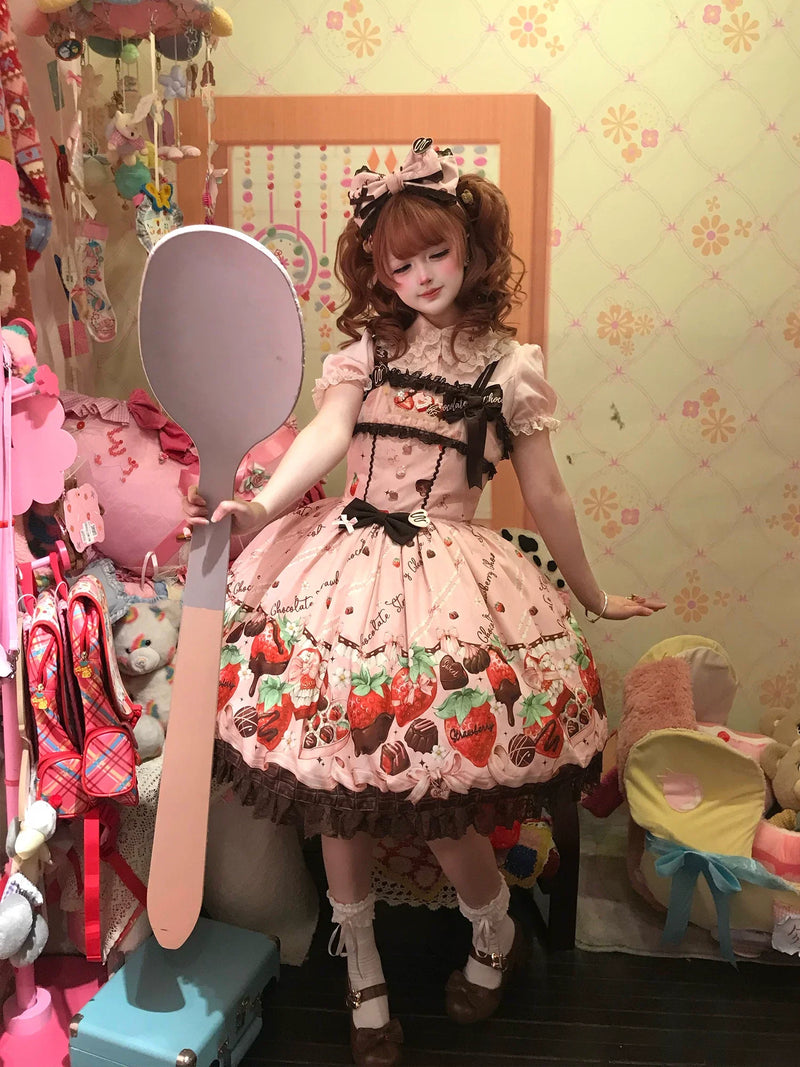 DreamWhale - Strawberry Chocolate Lovers - Kawaii Lolita Embroidered Printed Dress