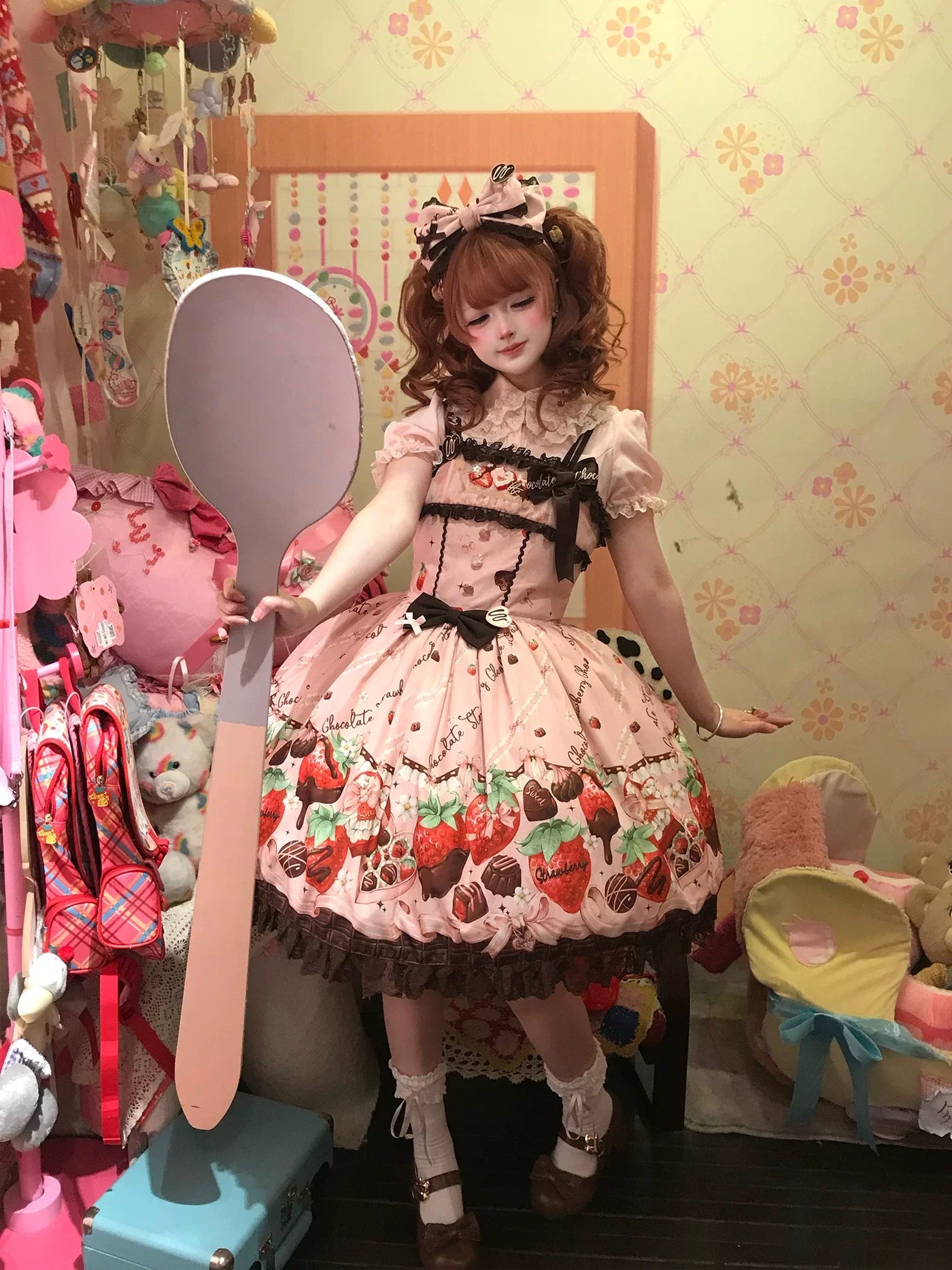 DreamWhale - Strawberry Chocolate Lovers - Kawaii Lolita Embroidered Printed Dress