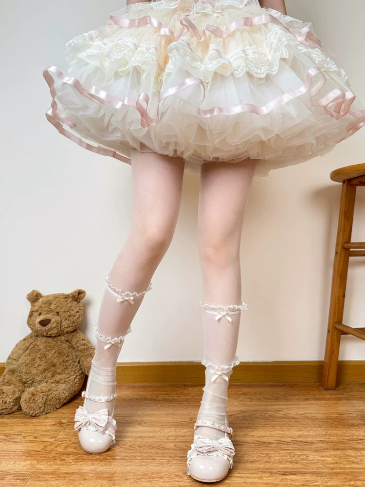 Chubby Bear Tales - Ballet Ribbon - Mid-Calf Socks with Layered Lace Ruffles