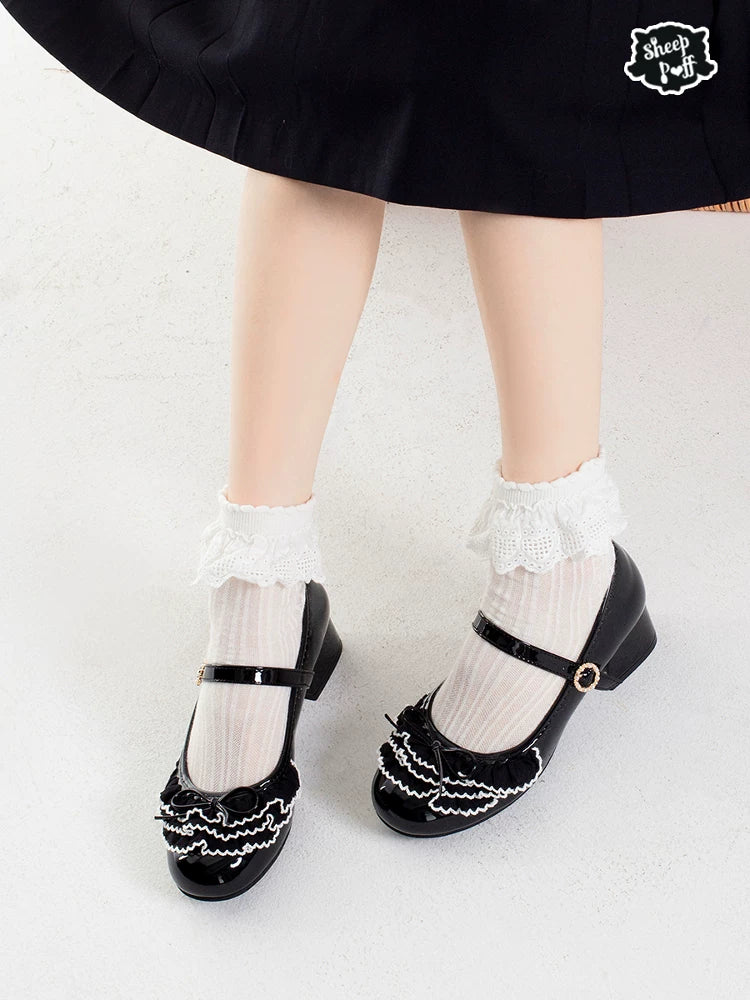 Sheep Puff satin Mary Jane shoes with plush sheep puff detail and classic strap, perfect for stylish and cute footwear.