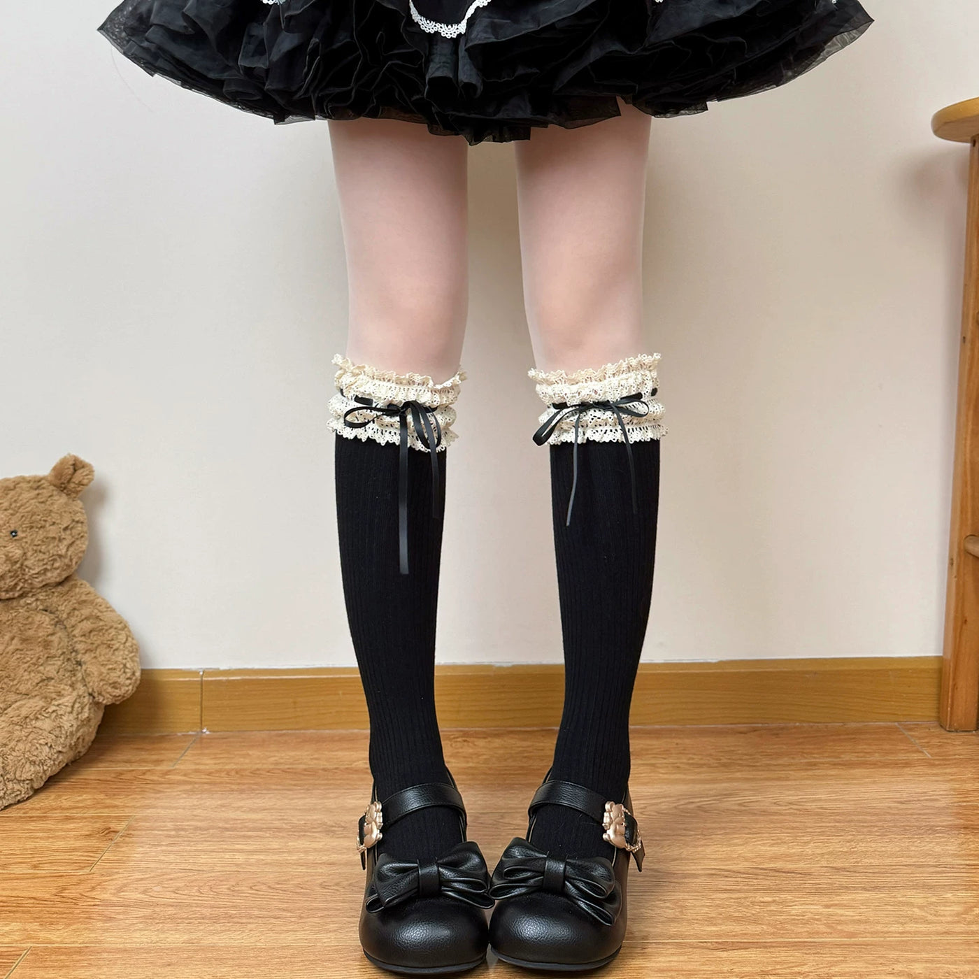 Chubby Bear Tales - Caramel Cocoa - Lace Bow Calf and Over-the-Knee Socks
