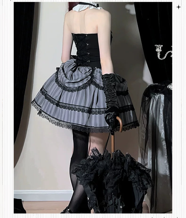 Baozi Pig - Witch's Shop - Gothic OP Dress with Corset-Style Bodice and Striped Skirt