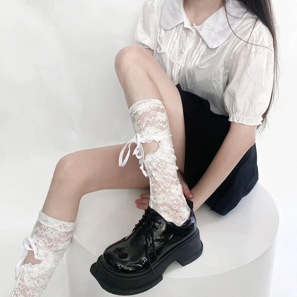 Fantasy Doll - Ribbon Lace - Mid-Calf Socks with Cutout Ribbon Lacing