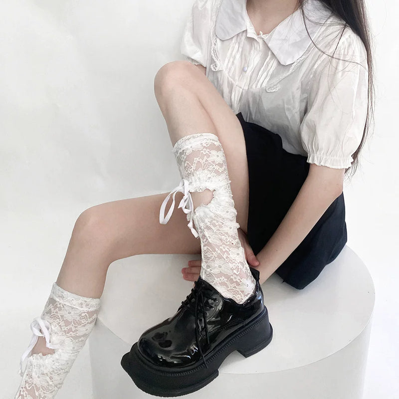 Fantasy Doll - Ribbon Lace - Mid-Calf Socks with Cutout Ribbon Lacing