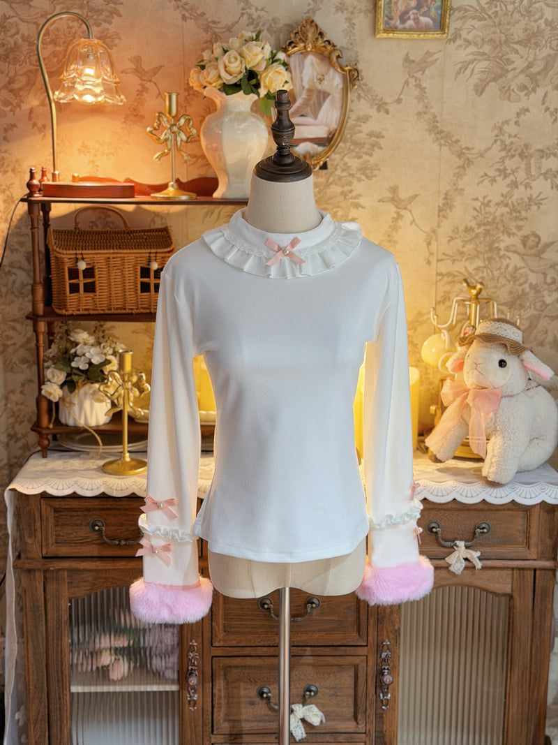 Jelly Girl - Lace-Collar Layer - Long-Sleeve Inner Top with Fleece-Lined Construction