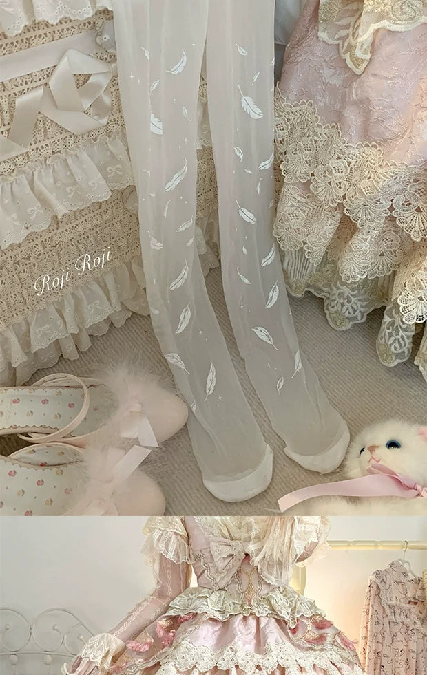 Roji Roji - Sweet Lolita Tights Women Feather - Print Pantyhose Socks